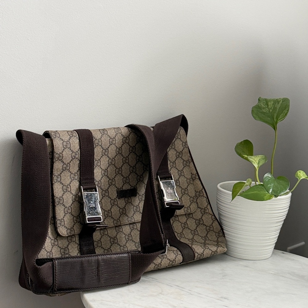 Gucci Brown GG Canvas Messenger with Dark Brown Trim and Silver Hardware Vintage